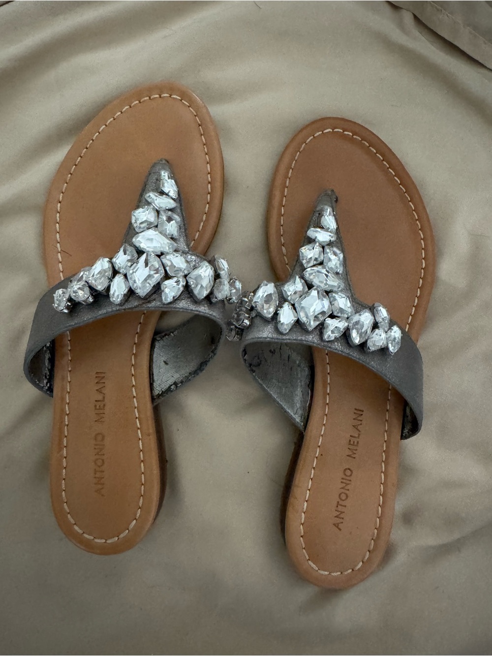ANTONIO MELANI Silver Jeweled T‑Strap Sandals with Tan Footbed